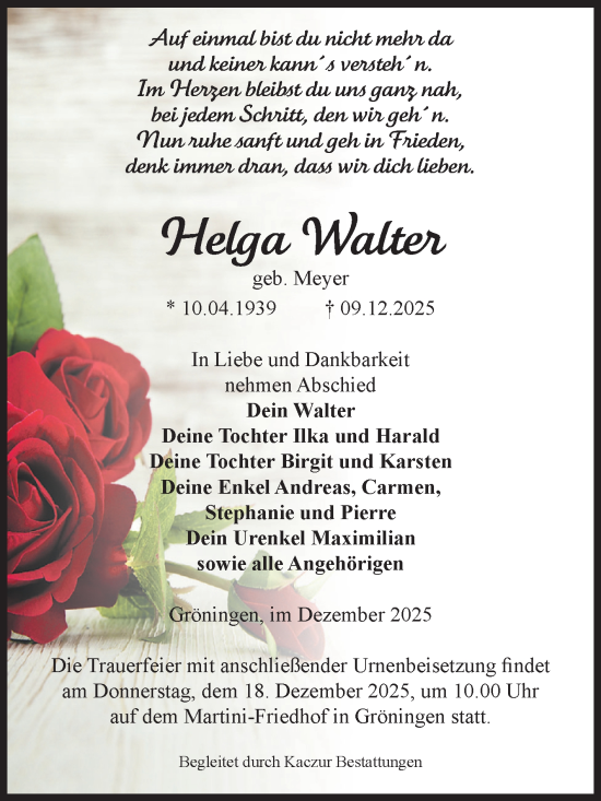 Traueranzeige von Helga Walter von Volksstimme Oschersleben/Wanzleben