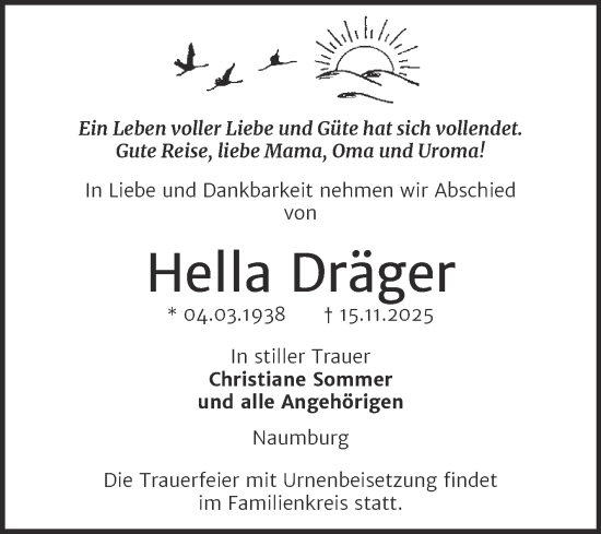 Traueranzeige von Hella Dräger von Super Sonntag Naumburg/Nebra