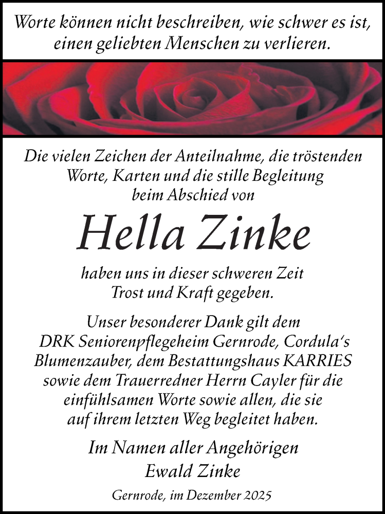  Traueranzeige für Hella Zinke vom 20.12.2025 aus Trauerkombi Quedlinburg