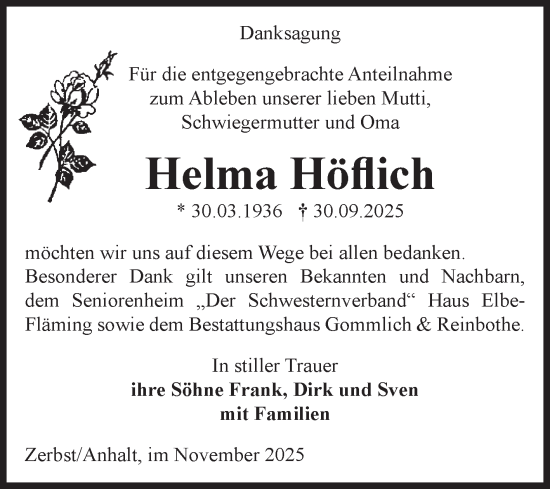 Traueranzeige von Helma Höflich von Volksstimme Zerbst