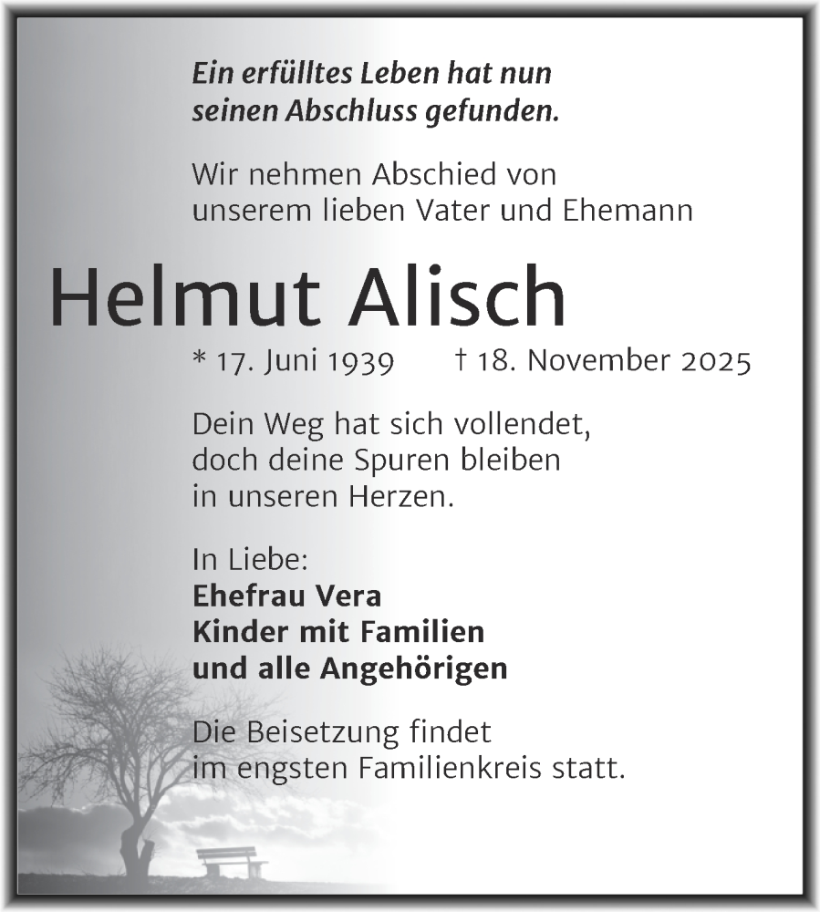 Traueranzeige für Helmut Alisch vom 29.11.2025 aus Trauerkombi Dessau