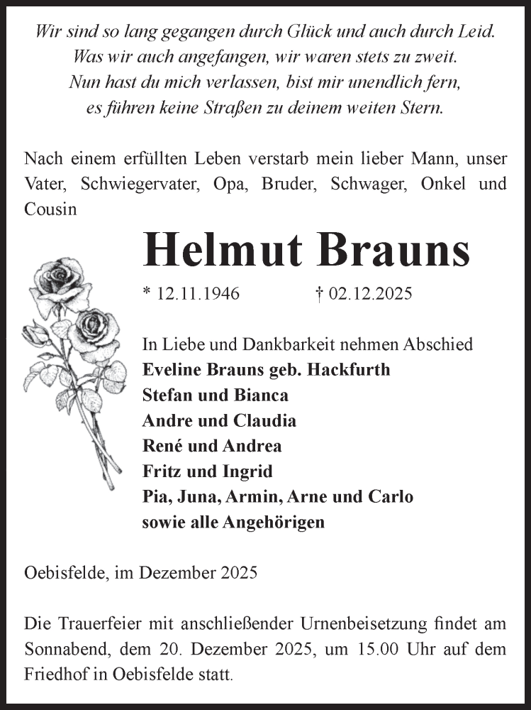  Traueranzeige für Helmut Brauns vom 06.12.2025 aus Volksstimme Altmark West