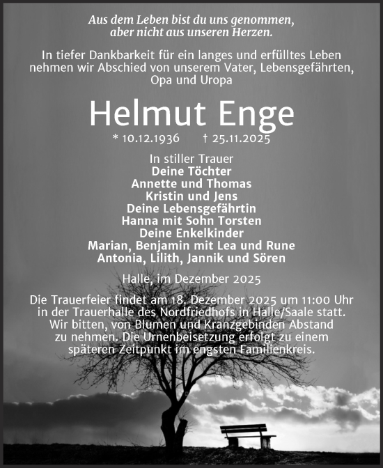 Traueranzeige von Helmut Enge von Mitteldeutsche Zeitung Halle/Saalkreis