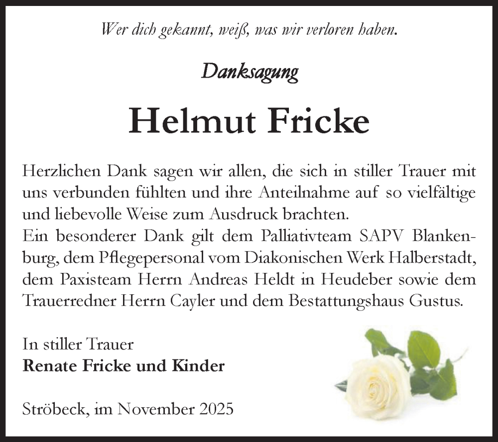  Traueranzeige für Helmut Fricke vom 29.11.2025 aus Volksstimme Halberstadt