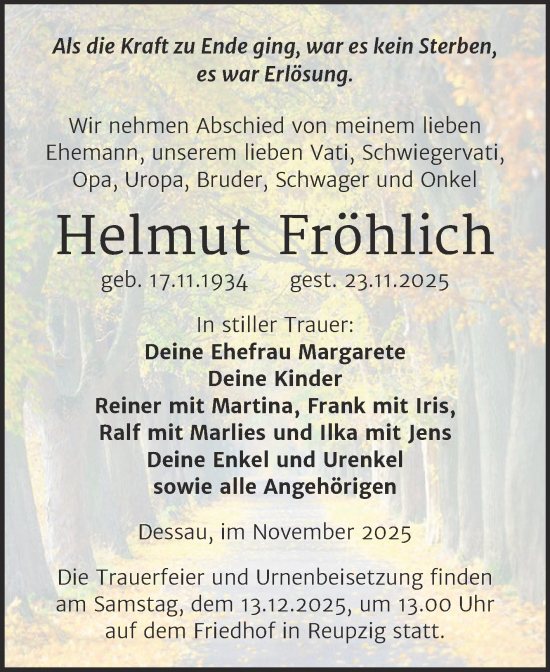 Traueranzeige von Helmut Fröhlich von Trauerkombi Köthen