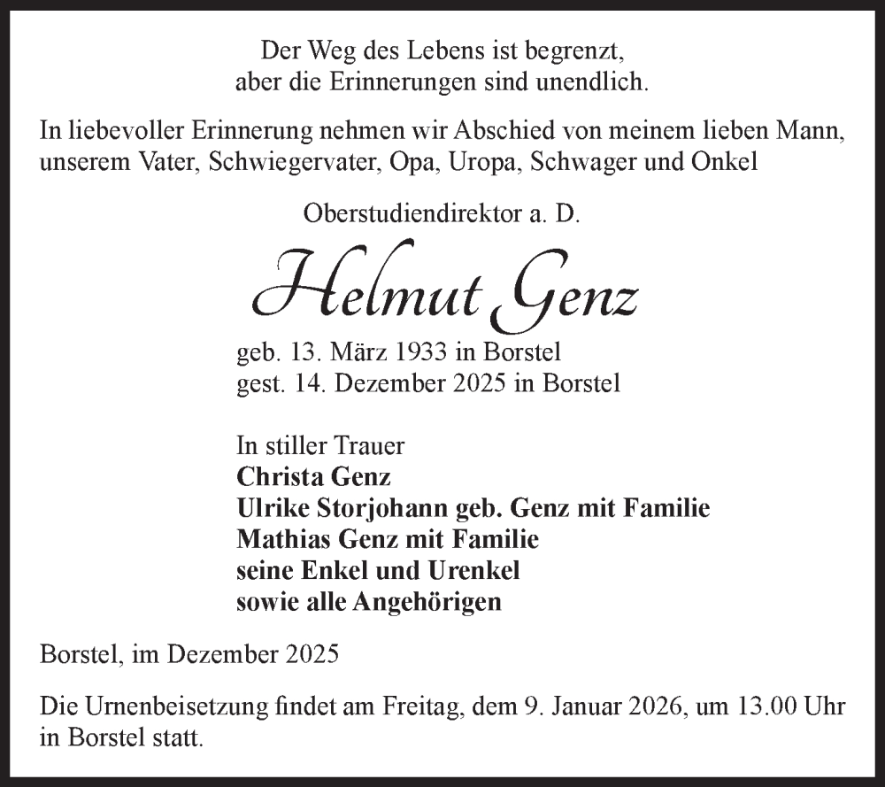  Traueranzeige für Helmut Genz vom 20.12.2025 aus Volksstimme Altmark Ost