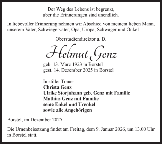Traueranzeige von Helmut Genz von Volksstimme Altmark Ost