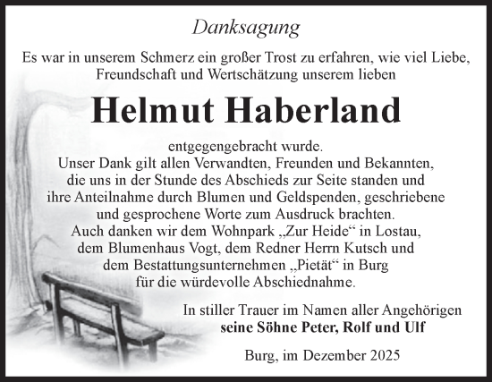 Traueranzeige von Helmut Haberland von Volksstimme Burg/Genthin