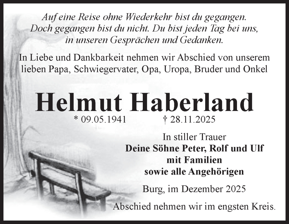  Traueranzeige für Helmut Haberland vom 06.12.2025 aus Volksstimme Burg/Genthin