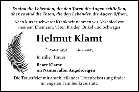 Traueranzeige von Helmut Klamt von Trauerkombi Bitterfeld