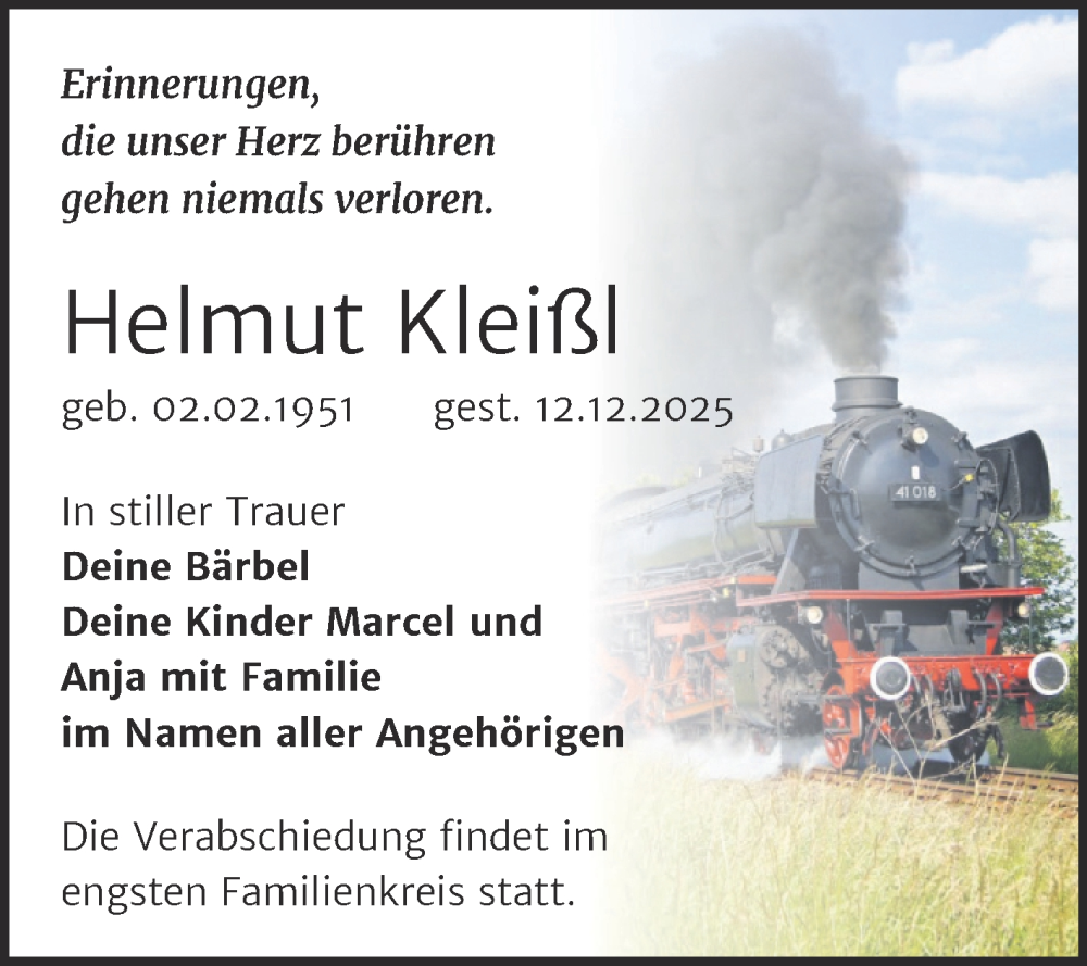  Traueranzeige für Helmut Kleißl vom 20.12.2025 aus Trauerkombi Sangerhausen