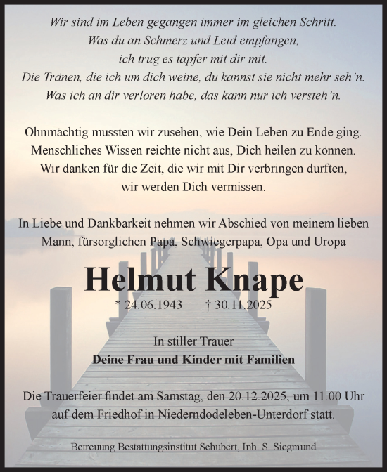 Traueranzeige von Helmut Knape von Volksstimme Haldensleben/Wolmirstedt