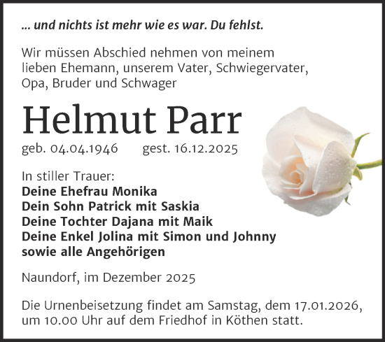 Traueranzeige von Helmut Parr von Trauerkombi Köthen
