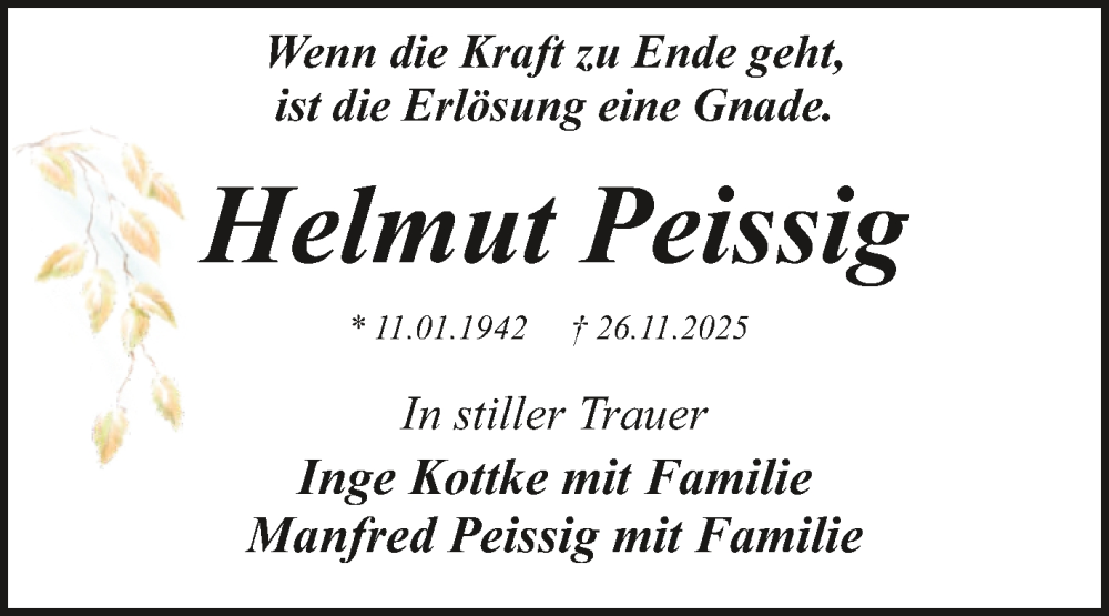  Traueranzeige für Helmut Peissig vom 20.12.2025 aus Super Sonntag Wittenberg