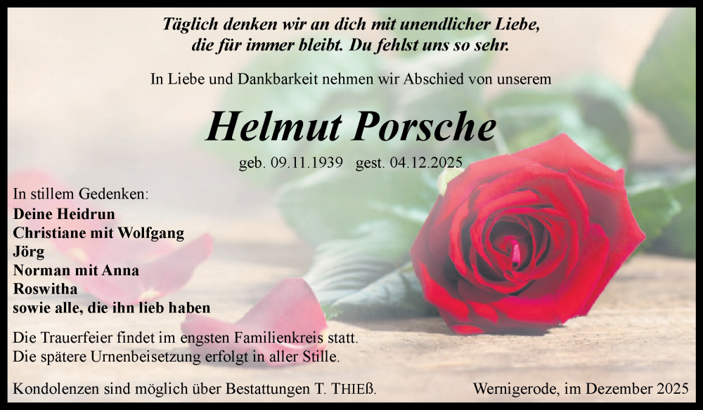  Traueranzeige für Helmut Porsche vom 13.12.2025 aus Volksstimme Wernigerode