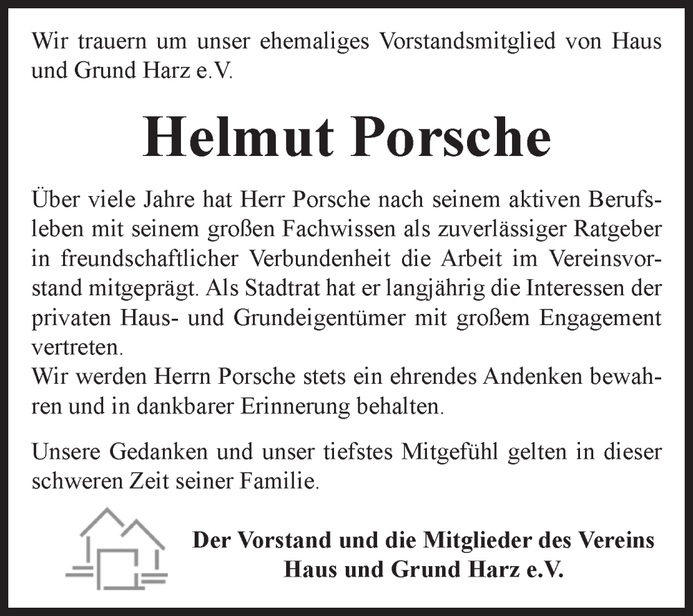  Traueranzeige für Helmut Porsche vom 20.12.2025 aus Volksstimme Wernigerode