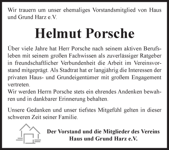Traueranzeige von Helmut Porsche von Volksstimme Wernigerode