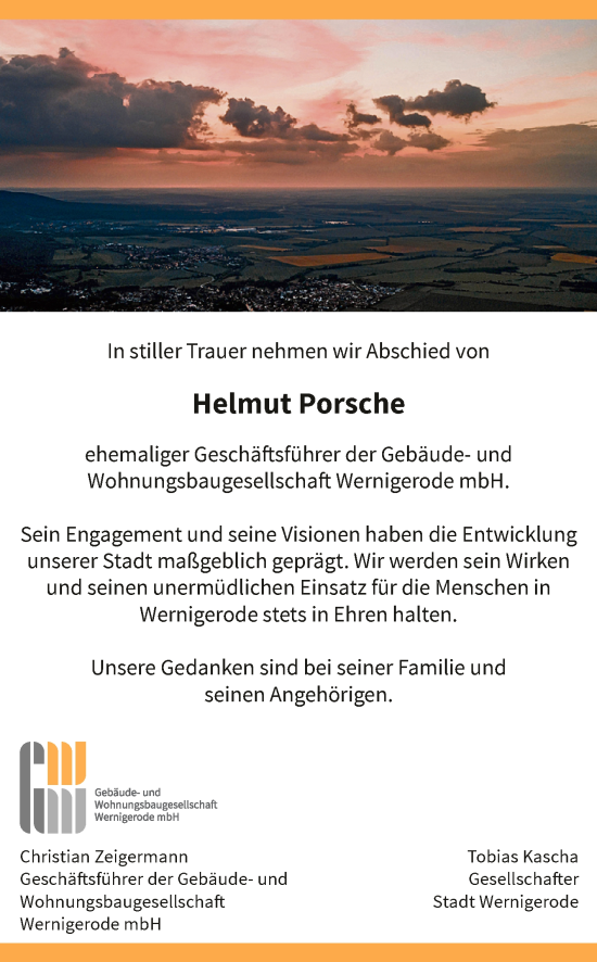 Traueranzeige von Helmut Porsche von Volksstimme Wernigerode