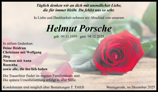 Traueranzeige von Helmut Porsche von Volksstimme Wernigerode