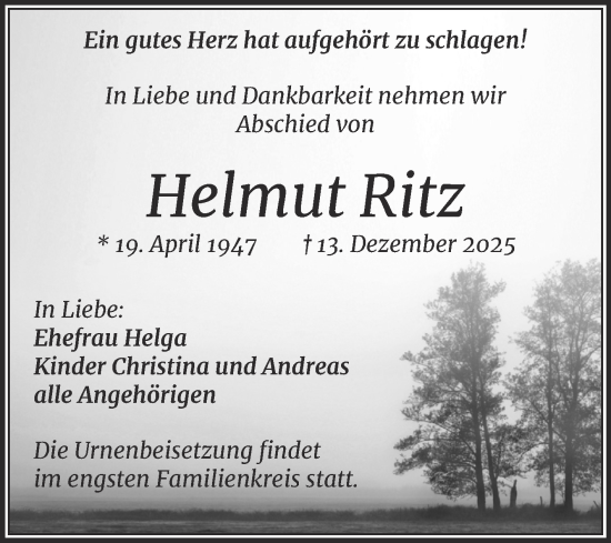 Traueranzeige von Helmut Ritz von Trauerkombi Merseburg