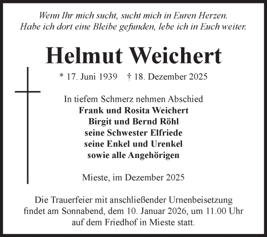 Traueranzeige von Helmut Weichert von Volksstimme Altmark West