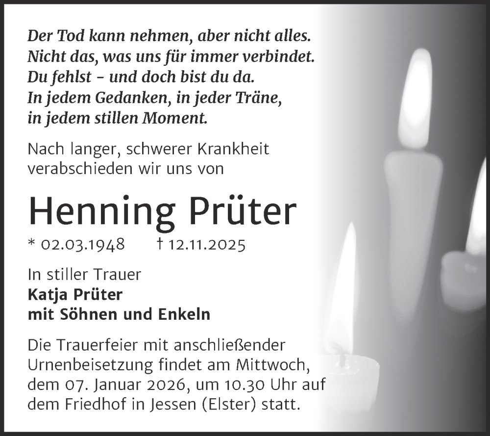  Traueranzeige für Henning Prüter vom 13.12.2025 aus Trauerkombi Wittenberg
