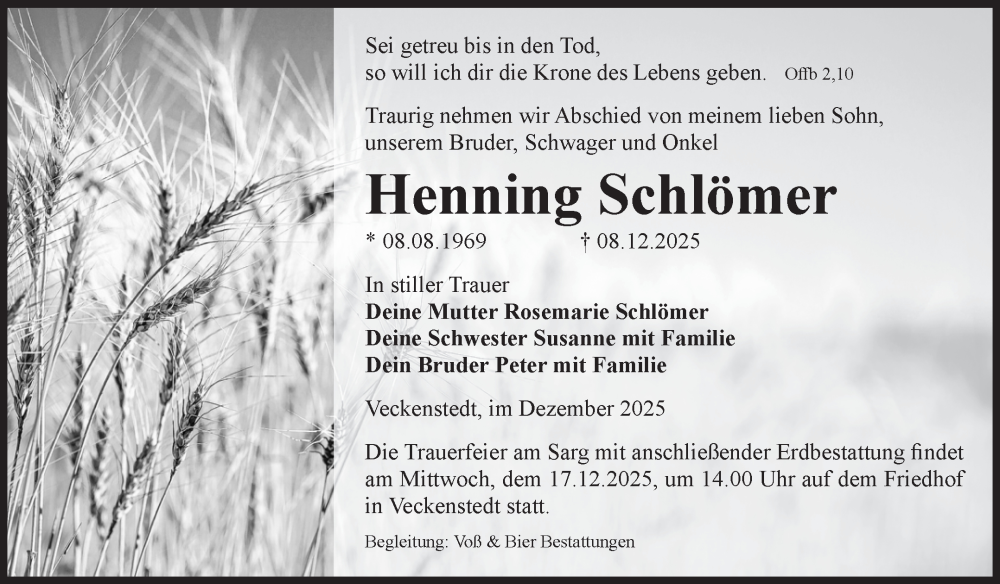  Traueranzeige für Henning Schlömer vom 13.12.2025 aus Volksstimme Wernigerode