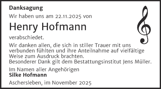 Traueranzeige von Henry Hofmann von Trauerkombi Aschersleben