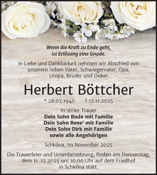 Traueranzeige von Herbert Böttcher von Trauerkombi Wittenberg