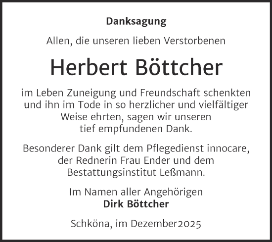 Traueranzeige von Herbert Böttcher von Trauerkombi Wittenberg