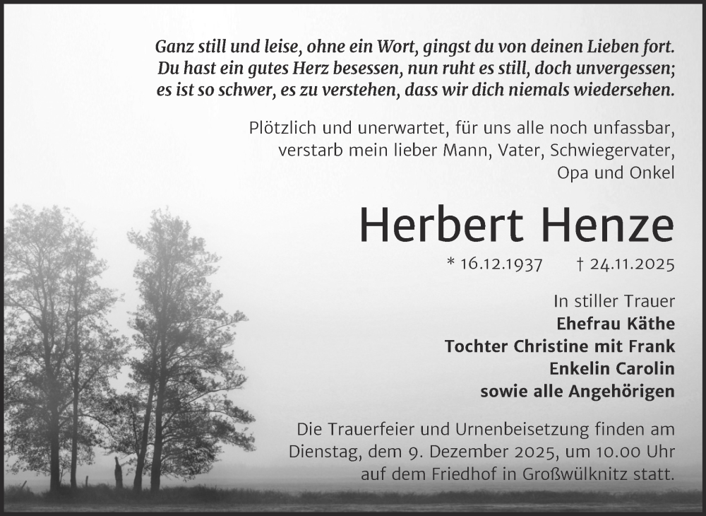  Traueranzeige für Herbert Henze vom 29.11.2025 aus Trauerkombi Köthen
