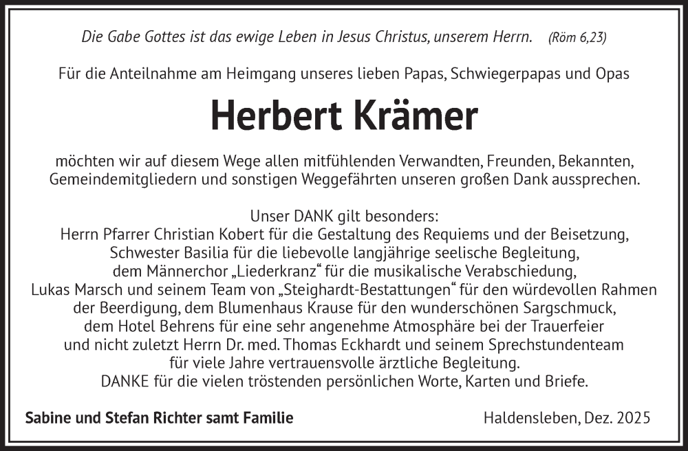  Traueranzeige für Herbert Krämer vom 27.12.2025 aus Volksstimme Haldensleben/Wolmirstedt