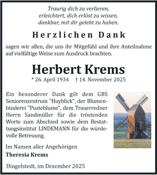 Traueranzeige von Herbert Krems von Volksstimme Halberstadt