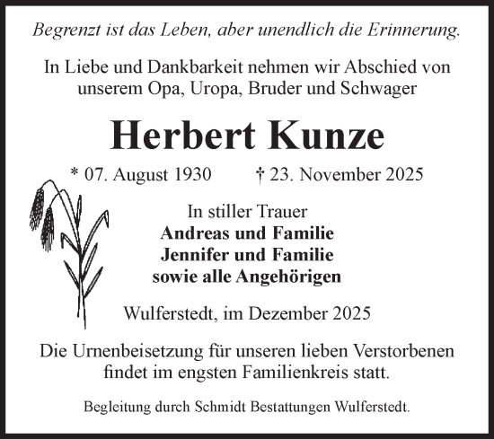 Traueranzeige von Herbert Kunze von Volksstimme Oschersleben/Wanzleben