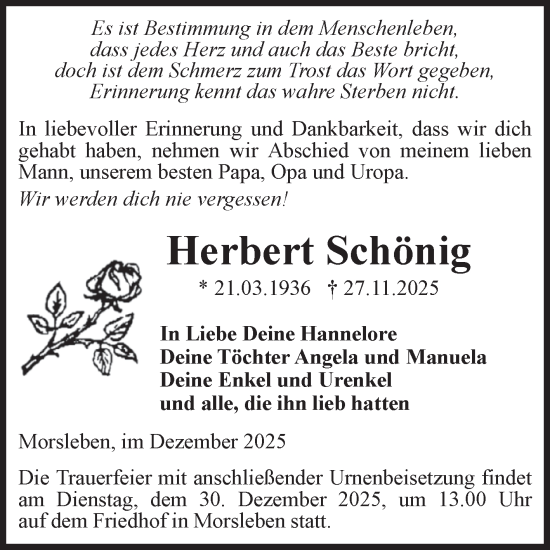 Traueranzeige von Herbert Schönig von Volksstimme Haldensleben/Wolmirstedt