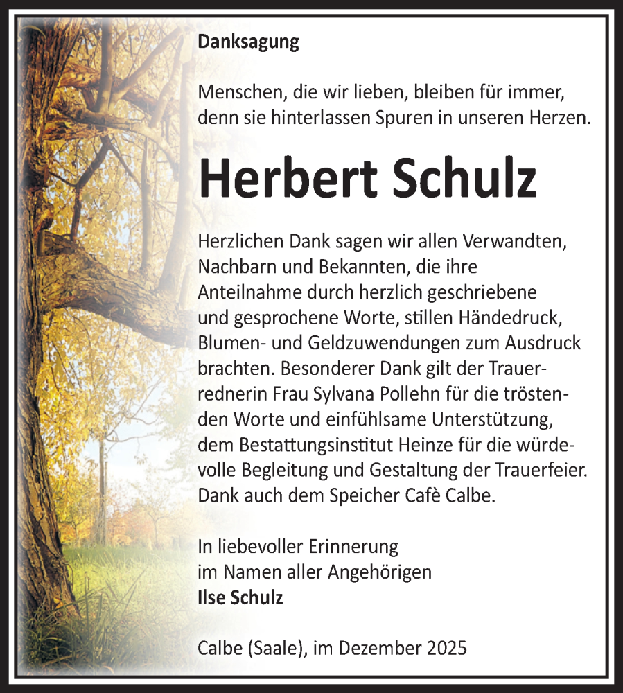  Traueranzeige für Herbert Schulz vom 20.12.2025 aus Volksstimme Schönebeck