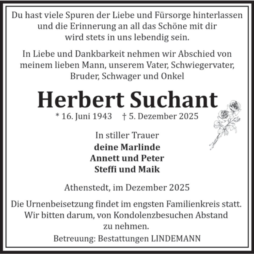  Traueranzeige für Herbert Suchant vom 13.12.2025 aus Volksstimme Halberstadt