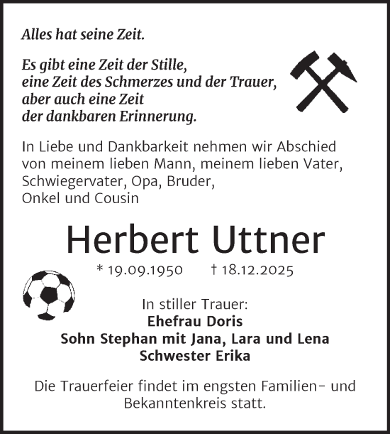 Traueranzeige von Herbert Uttner von Trauerkombi Sangerhausen