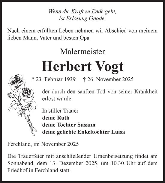 Traueranzeige von Herbert Vogt von Volksstimme Burg/Genthin