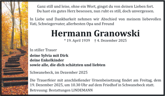 Traueranzeige von Hermann Granowski von Volksstimme Halberstadt