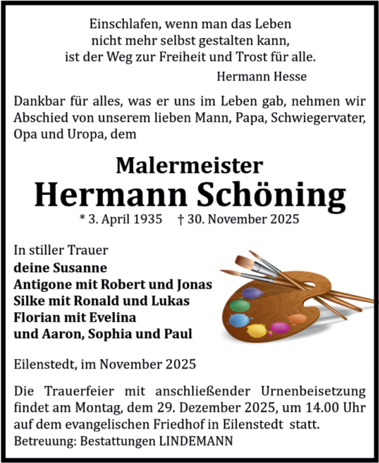Traueranzeige von Hermann Schöning von Volksstimme Halberstadt