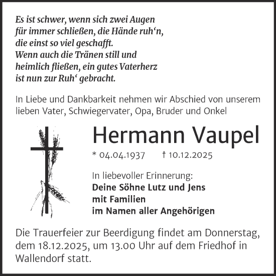 Traueranzeige von Hermann Vaupel von Mitteldeutsche Zeitung Merseburg/Querfurt