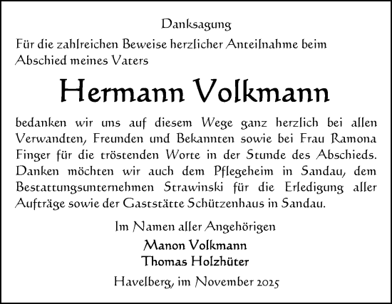 Traueranzeige von Hermann Volkmann von Volksstimme Altmark Ost