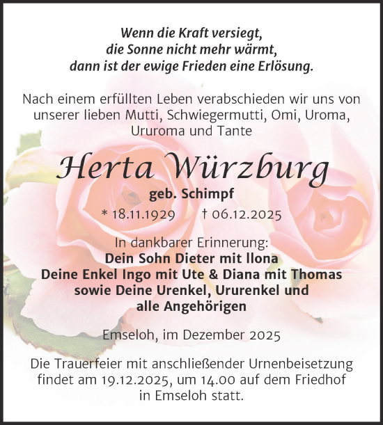 Traueranzeige von Herta Würzburg von Trauerkombi Sangerhausen