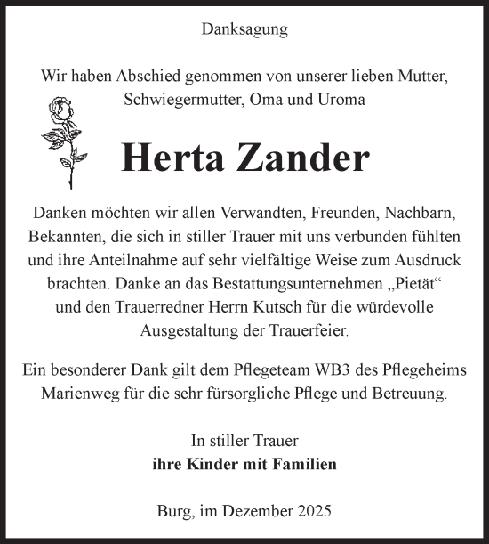 Traueranzeige von Herta Zander von Volksstimme Burg/Genthin