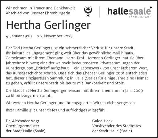 Traueranzeige von Hertha Gerlinger von Mitteldeutsche Zeitung Halle/Saalkreis