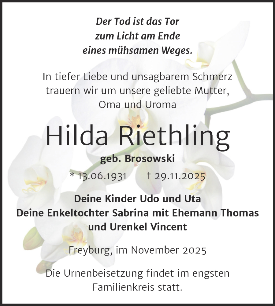 Traueranzeige für Hilda Riethling vom 06.12.2025 aus Super Sonntag Naumburg/Nebra