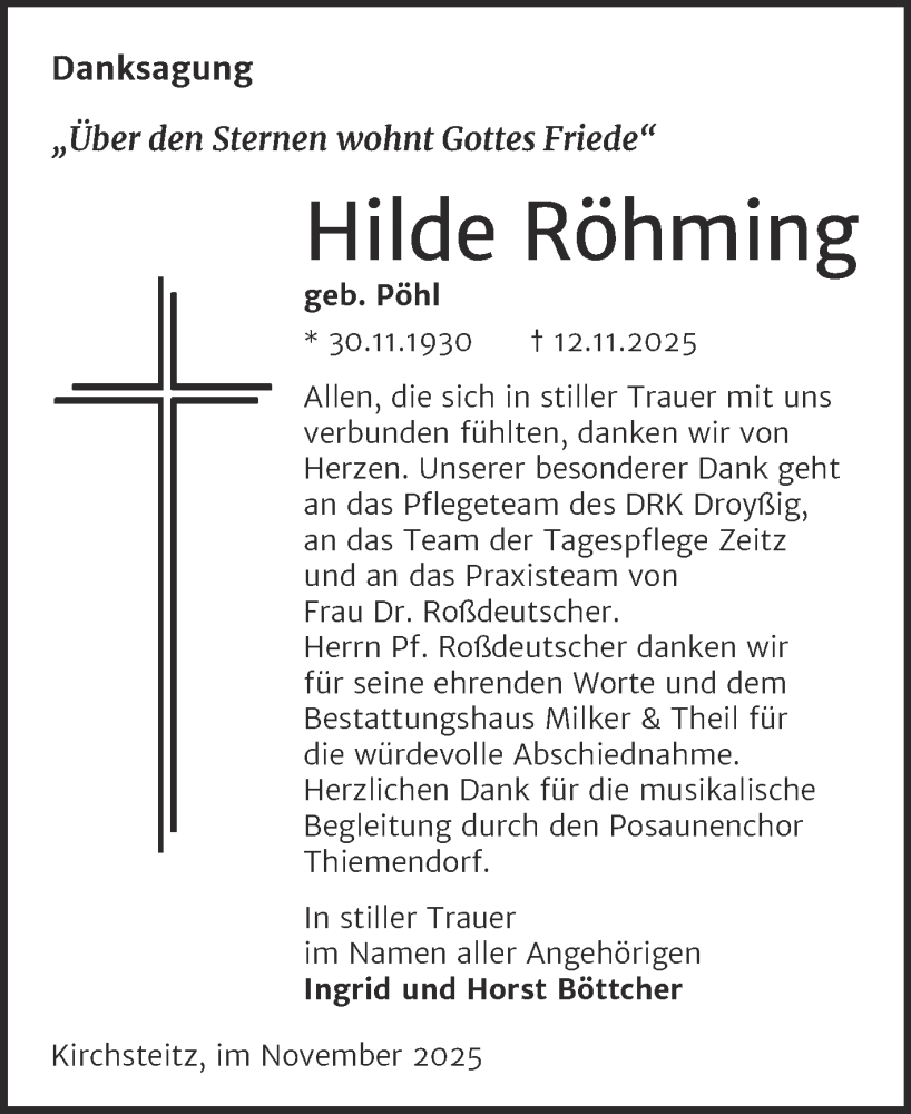  Traueranzeige für Hilde Röhming vom 06.12.2025 aus Trauerkombi Zeitz