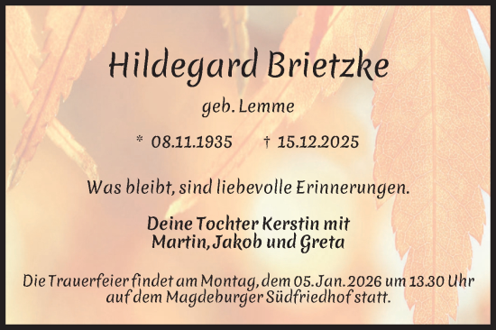 Traueranzeige von Hildegard Brietzke von Volksstimme Magdeburg