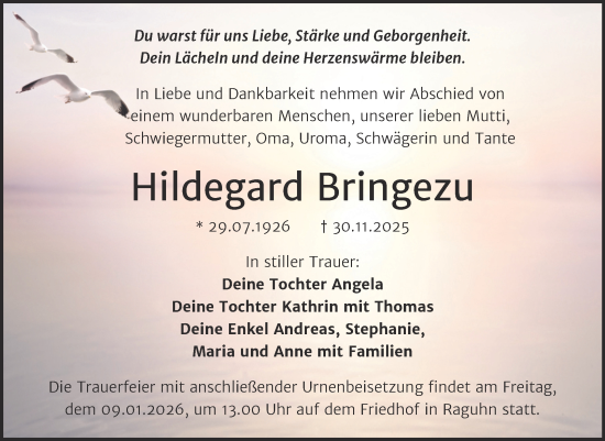 Traueranzeige von Hildegard Bringezu von Trauerkombi Bitterfeld